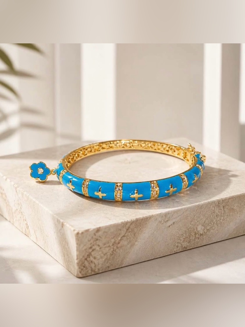 Gold & Blue Enamel Bangle Bracelet with Crystal Accents